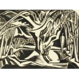 Paul Nash (1889-1946) British, A woodland scene with two figures, one reclining, woodblock print,