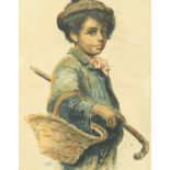 Italian school (Early 20th century), A child carrying a foraging basket and a cane, mixed media,