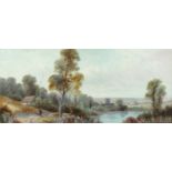 T. Hall (19th/20th century), A wayfarer on a riverside path with church buildings in the distance,