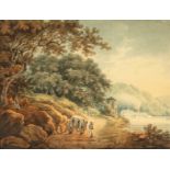 Style of Payne, A French scene of a path along a river with horse and cart, watercolour, monogramed,