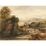 Follower of Peter de Wint. A river landscape with Milhouse and figure crossing a bridge,