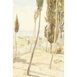 Follower of Edward Lear, A landscape of a Cyprian town on the horizon with trees in the