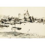 Edward Wesson (1910-1983) British, Sketch of a castle by a river, ink & wash, signed, 7.5" x 10.5".