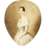 An oval portrait of a lady in a white dress, watercolour, 9" x 7". Unframed.