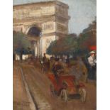 A. Patay (early 20th century), Figures and motorists on a busy boulevard with l'Arc de Triomphe