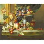 B. Ward (20th century), A still life of fruit and vines on a marble ledge, oil on canvas, signed,