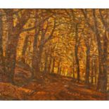 George Graham (1881-1949) British, Pathway through a forest in Autumn, oil on canvas, signed and