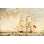 19th century, A Nautical scene with a ship on open waters, watercolour, Unframed, 3"x 4".