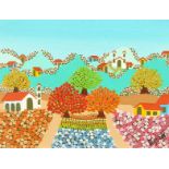 South American School (20th century), a scene of a flowery hillside village, acrylic on canvas,