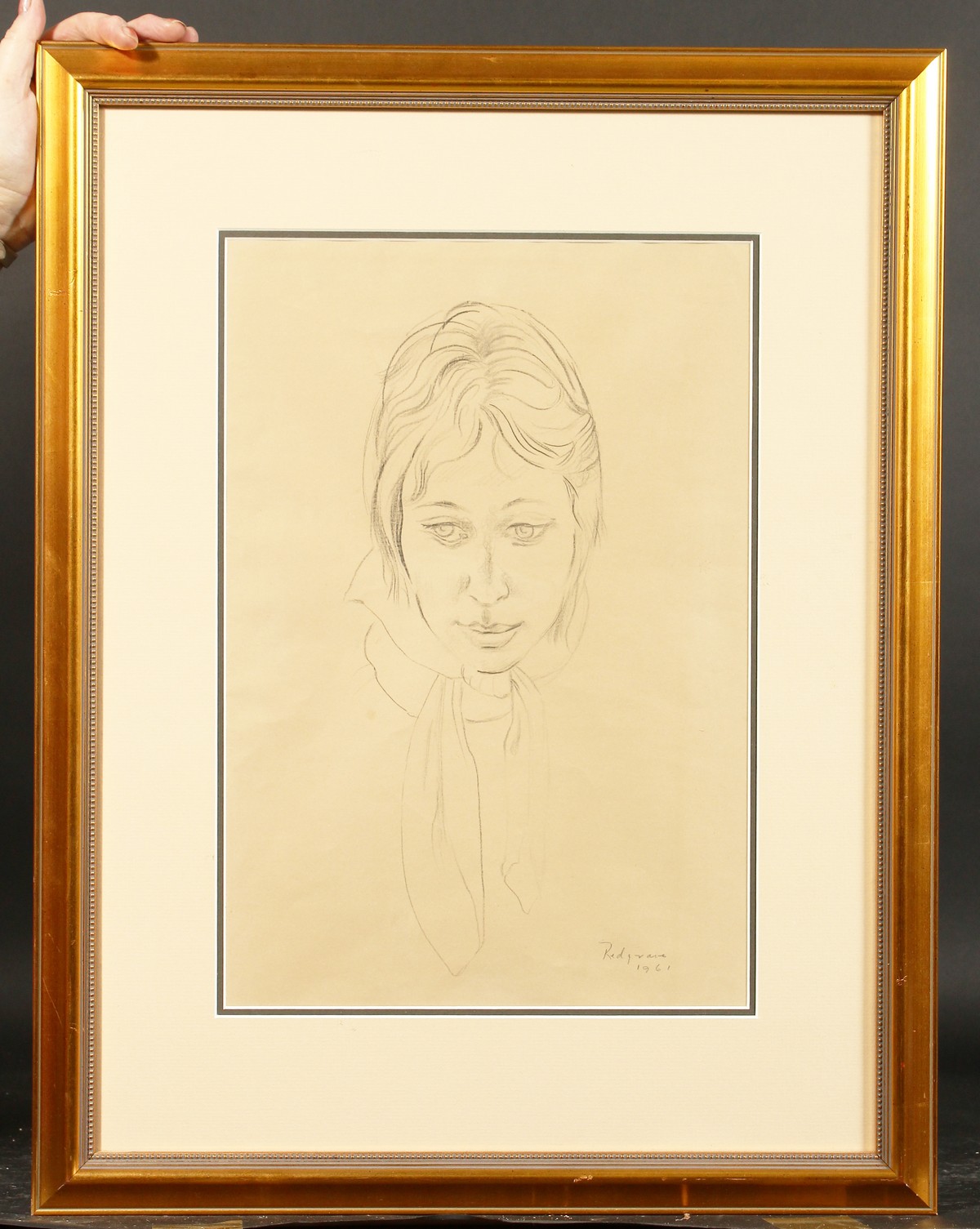 William Redgrave, portrait of a society lady wearing a headscarf, pencil drawing, signed and - Image 2 of 4