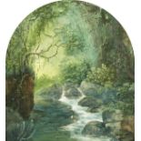 19th century, An archtop forest scene depicting a meandering river, watercolour, 14" x 13".