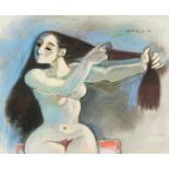 Alberto Morocco (1917-1998) Scottish, 'Woman Combing her Hair', study of a seated nude, pastel,
