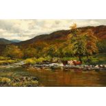 19th century English school, A scene of cows by a mountain river, oil on canvas, 12" x 18".