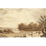 Style of John Varley, A scenic river landscape, Ink & wash, unframed, 6" x 9".