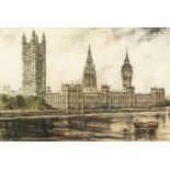 20th Century British School, A view of the Houses of Parliament, pastel and watercolour, signed