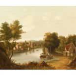 19th century continental, a scenic river landscape, with figures and boats with a castle beyond, oil