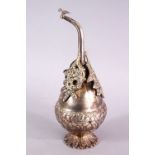 A 19TH CENTURY INDIAN SILVERED ROSE WATER SPRINKLER, with a bird to the spout, and applied floral