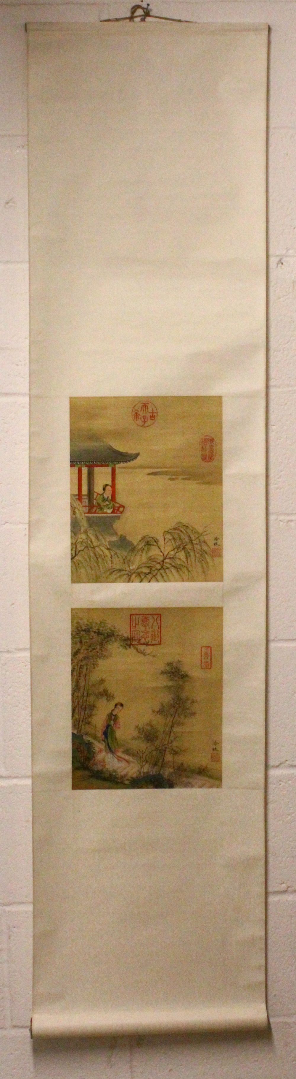 A CHINESE SCROLL PAINTING ON SILK OF FIGURES IN BALCONY'S - LENG MEI - the scroll with two paintings - Image 8 of 8