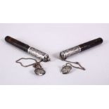 A FINE PAIR OF 19TH CENTURY CAUCASIAN NIELLO INLAID SILVER CARTRIDGE CASES, both with the same