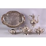 A FINE QUALITY 19TH CENTURY CHINESE SILVER TEA SERVICE & TRAY BY CHONGHANG, comprising a tea pot,