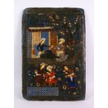 A 18TH / 19TH CENTURY PERSIAN PAPIER MACHE PAINTED PANEL, depicting figures in garden settings, 37cm