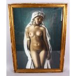 A 19TH / 20TH CENTURY ORIENTALIST PASTEL PAINTING OF A NUDE LADY, stood in an elegant pose, in a