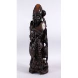 A LARGE 19TH / 20TH CENTURY CHINESE HARDWOOD & SILVER INLAID FIGURE OF SHOU LAO, stood aside deer