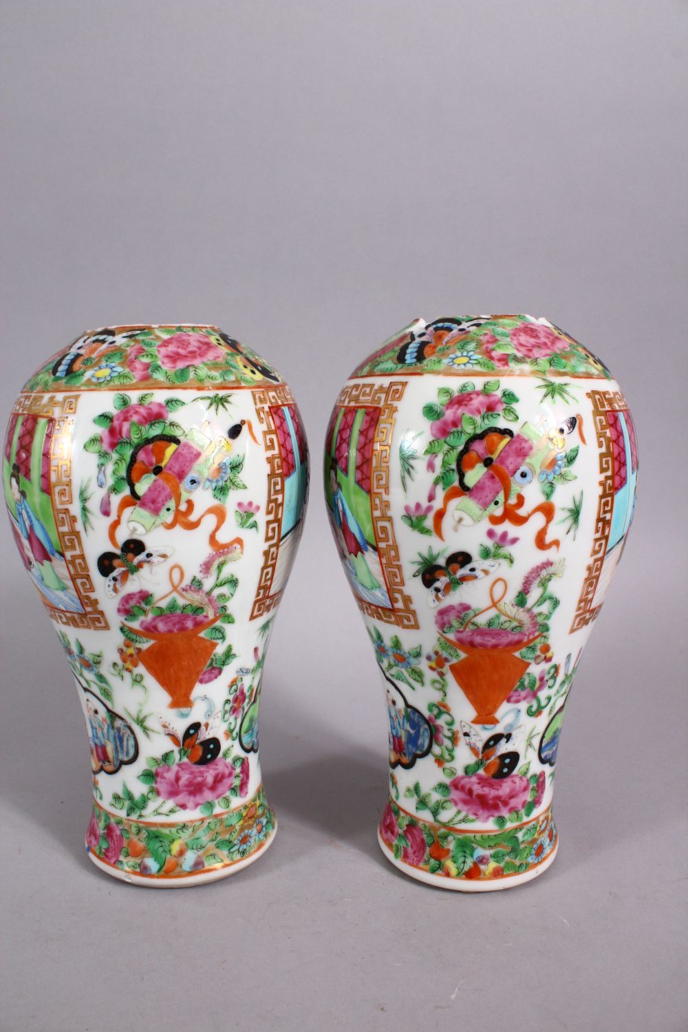 A PAIR OF 19TH CENTURY CHINESE FAMILLE ROSE CANTON PORCELAIN MEIPING VASES, each decorated with - Image 4 of 6