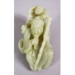 A CHINESE CARVED CELADON JADE FIGURE OF A BEARDED MAN AND BOYS,15 cm