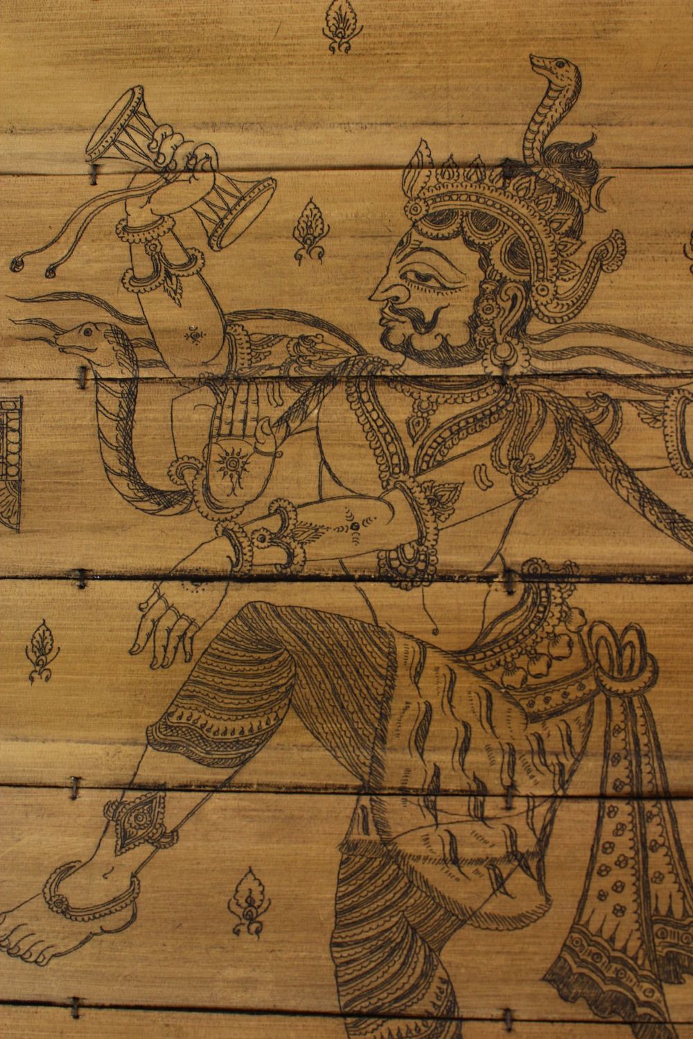 A 19C SOUTH INDIAN ETCHED PALM LEAF'S, carved with Hindu deity, 49cm x 38cm - Image 2 of 9