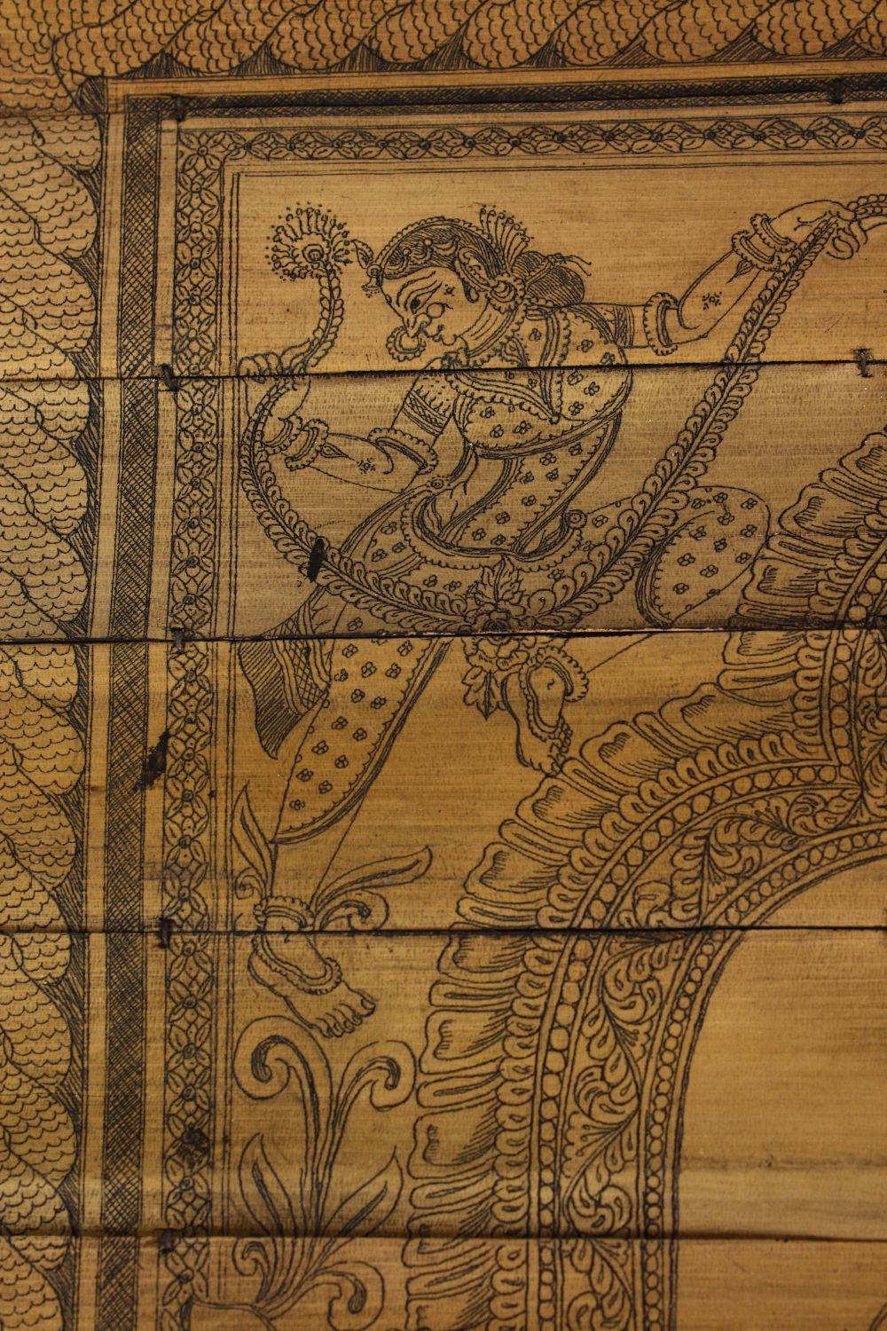 A 19C SOUTH INDIAN ETCHED PALM LEAF'S, carved with Hindu deity, 49cm x 38cm - Image 4 of 9