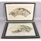 TWO 19TH / 20TH CENTURY CHINESE PAINTED FAN FRAMED PICTURES, the fans each framed, one depicting a