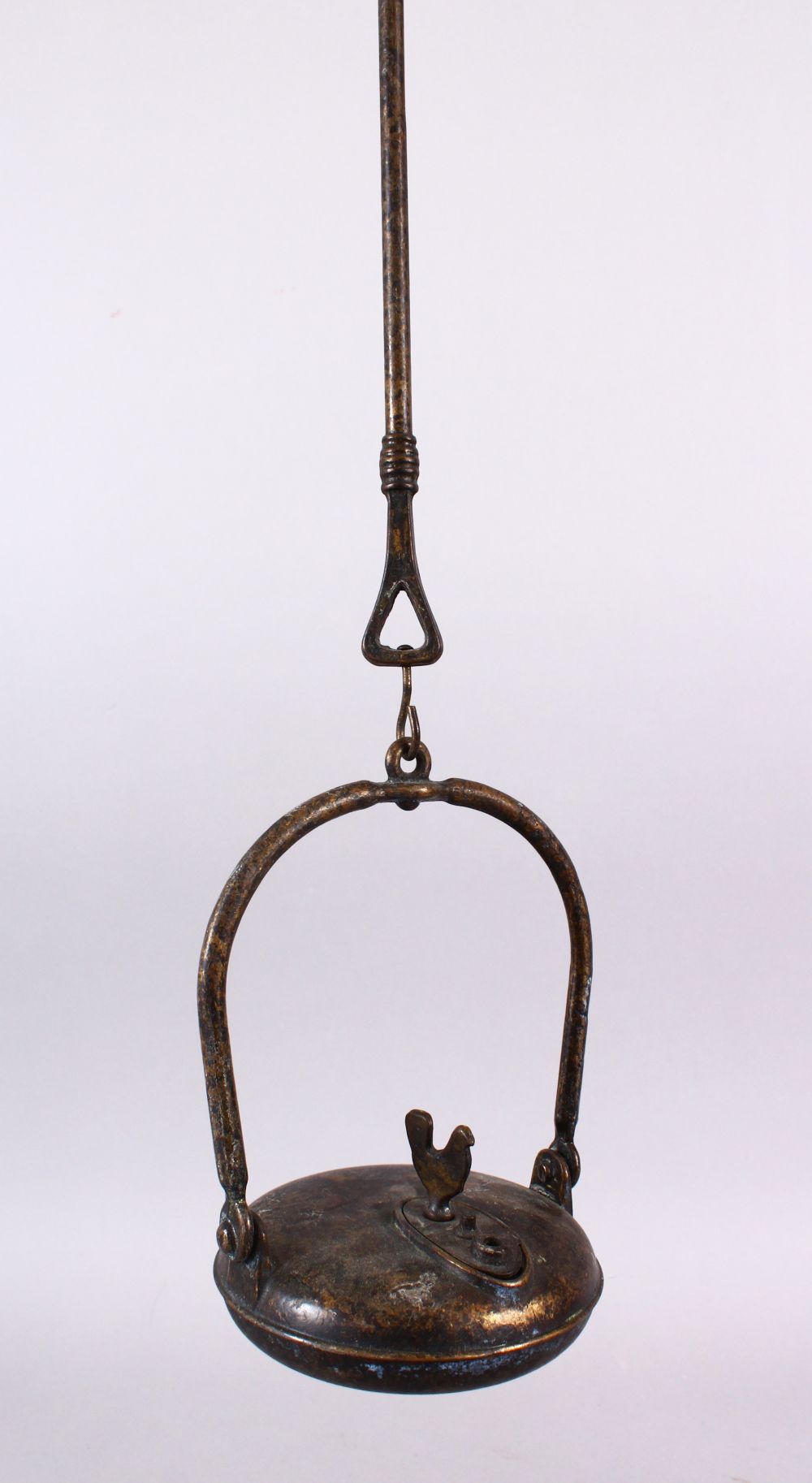 AN UNUSUAL 19TH CENTURY BRONZE HANGING OIL LAMP WITH BIRD, the lamp with a figure of a bird, 53cm