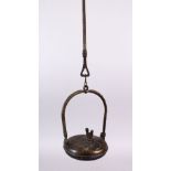 AN UNUSUAL 19TH CENTURY BRONZE HANGING OIL LAMP WITH BIRD, the lamp with a figure of a bird, 53cm