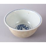 A GOOD UNUSUAL CHINESE BLUE & WHITE PORCELAIN BOWL, interior with underglazed blue decoration, the