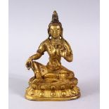 A GOOD CHINESE QING DYNASTY GILT BRONZE FIGURE OF BUDDHA, in a seated position upon a lotus form