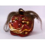 A JAPANESE MEIJI / TAISHO PERIOD LACQUER HANNYA / DEVIL MASK, with real hair detailing, gilt