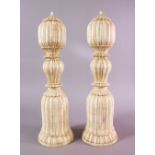 A LARGE PAIR OF 19TH CENTURY INDIAN CARVED IVORY FINIALS, of sectional form , 44cm high x 13cm