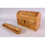 TWO INDIAN KASHMIRI LACQUER BOX / LETTER RACK & PEN TRAY, decorated with traditional motif, 17CM X