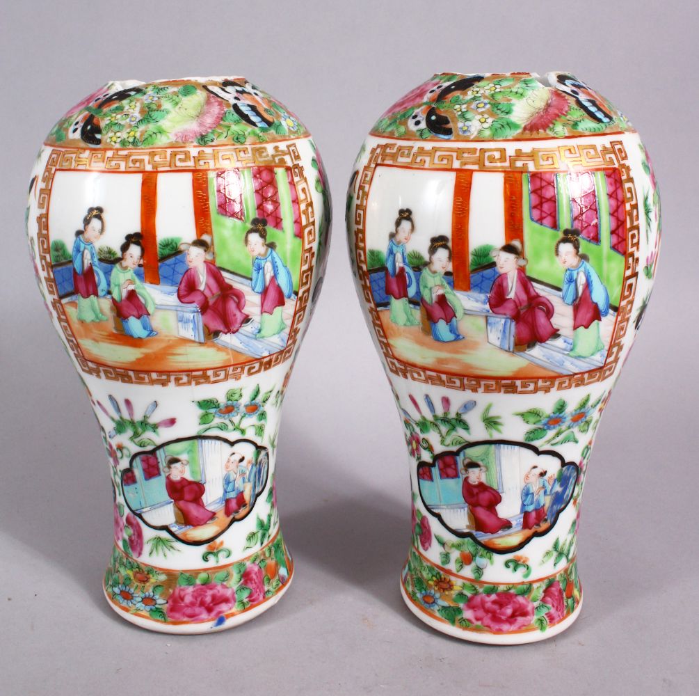 A PAIR OF 19TH CENTURY CHINESE FAMILLE ROSE CANTON PORCELAIN MEIPING VASES, each decorated with