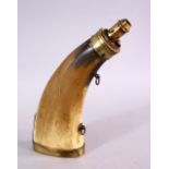 A CARVED HORN AND BRASS MOUNTED POWDER FLASK, 22CM