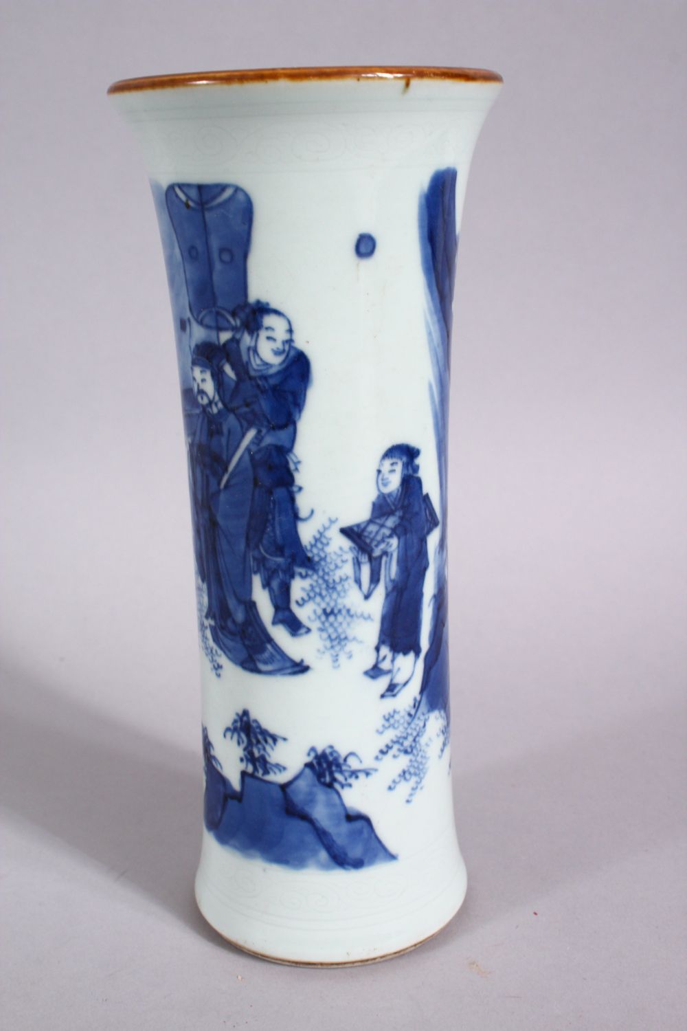A CHINESE BLUE & WHITE PORCELAIN SLEEVE VASE, decorate with scenes of figures in landscape settings, - Image 5 of 6