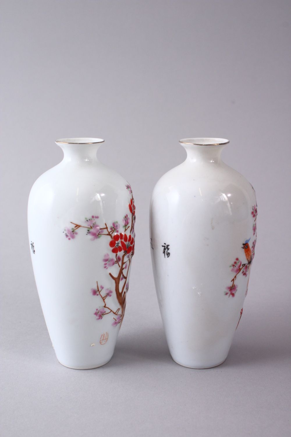 A PAIR OF CHINESE REPUBLIC STYLE EGG SHELL PORCELAIN FAMILLE ROSE VASES, with raised and decorated - Image 2 of 7