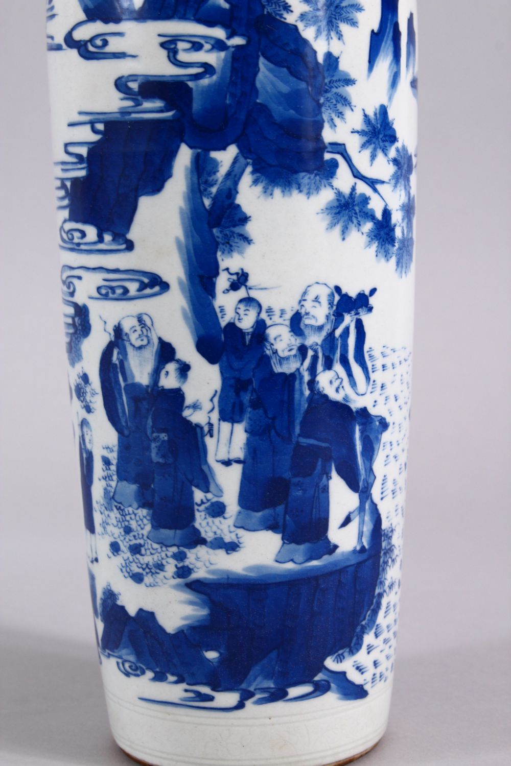 A CHINESE BLUE & WHITE TRANSITIONAL STYLE PORCELAIN SLEEVE VASE. decorated with immortal figures, - Image 2 of 6