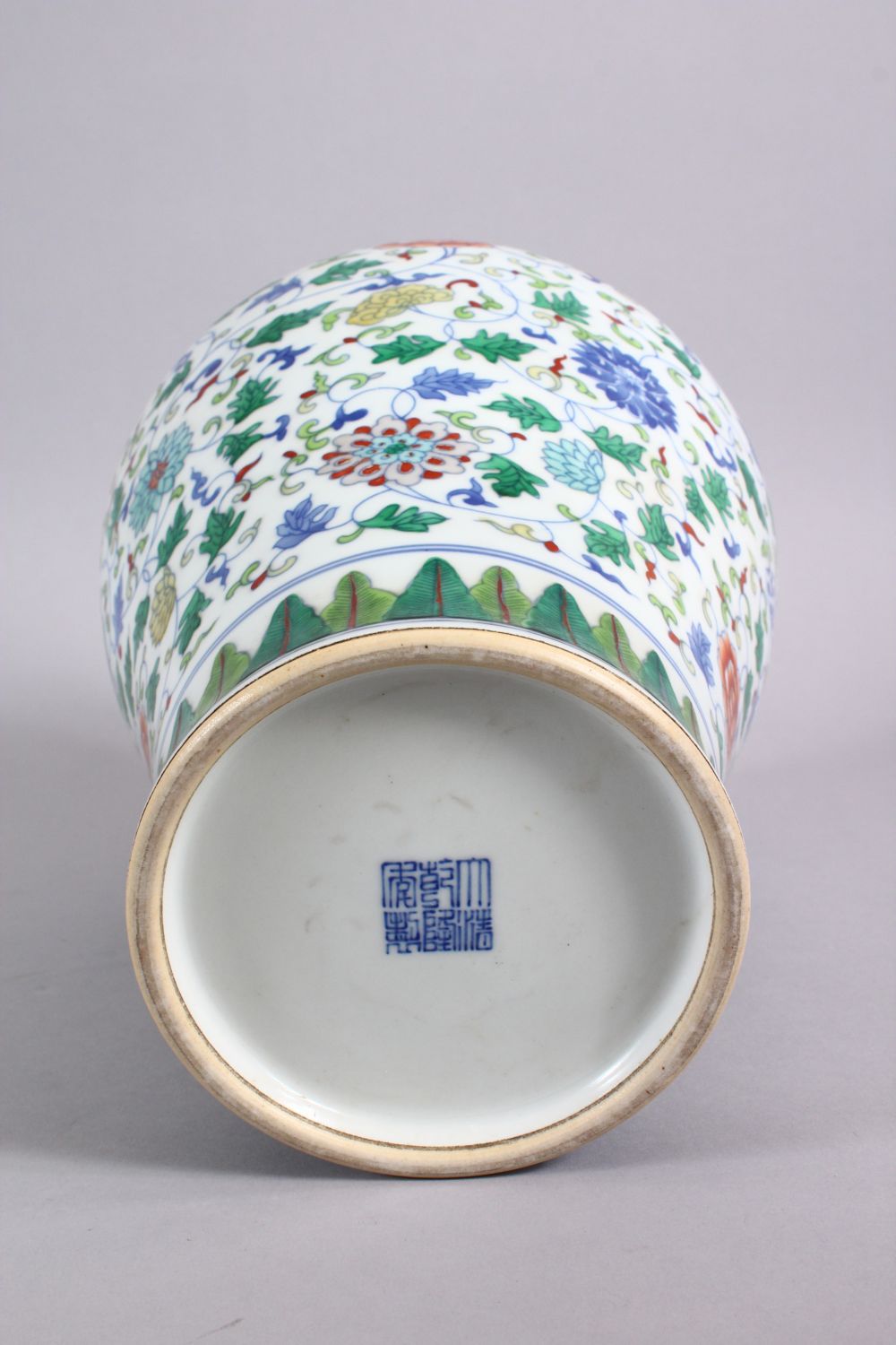 A CHINESE DOUCAI DECORATED PORCELAIN MEIPING VASE, decorated with formal scrolling lotus, and lappet - Image 7 of 9