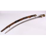 A 19TH CENTURY ISLAMIC INDIAN SIGNED TULWAR SWORD, with its metal mounted scabbard, blade signed,