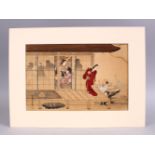 A JAPANESE WOOD BLOCK PRINT PICTURE OF FIGURES ON BALCONY SETTINGS, artist seal and signed, possibly