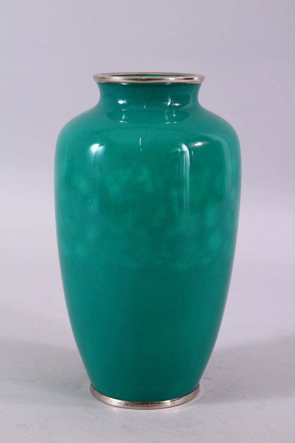 A JAPANESE TAISHO PERIOD CLOISONNE VASE, with a turquoise ground with plated mounts, with softly - Image 4 of 6