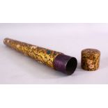 A TURKISH OR KASHMIRI LACQUERED CYLINDRICAL SCROLL HOLDER, decorated with a gold ground and native