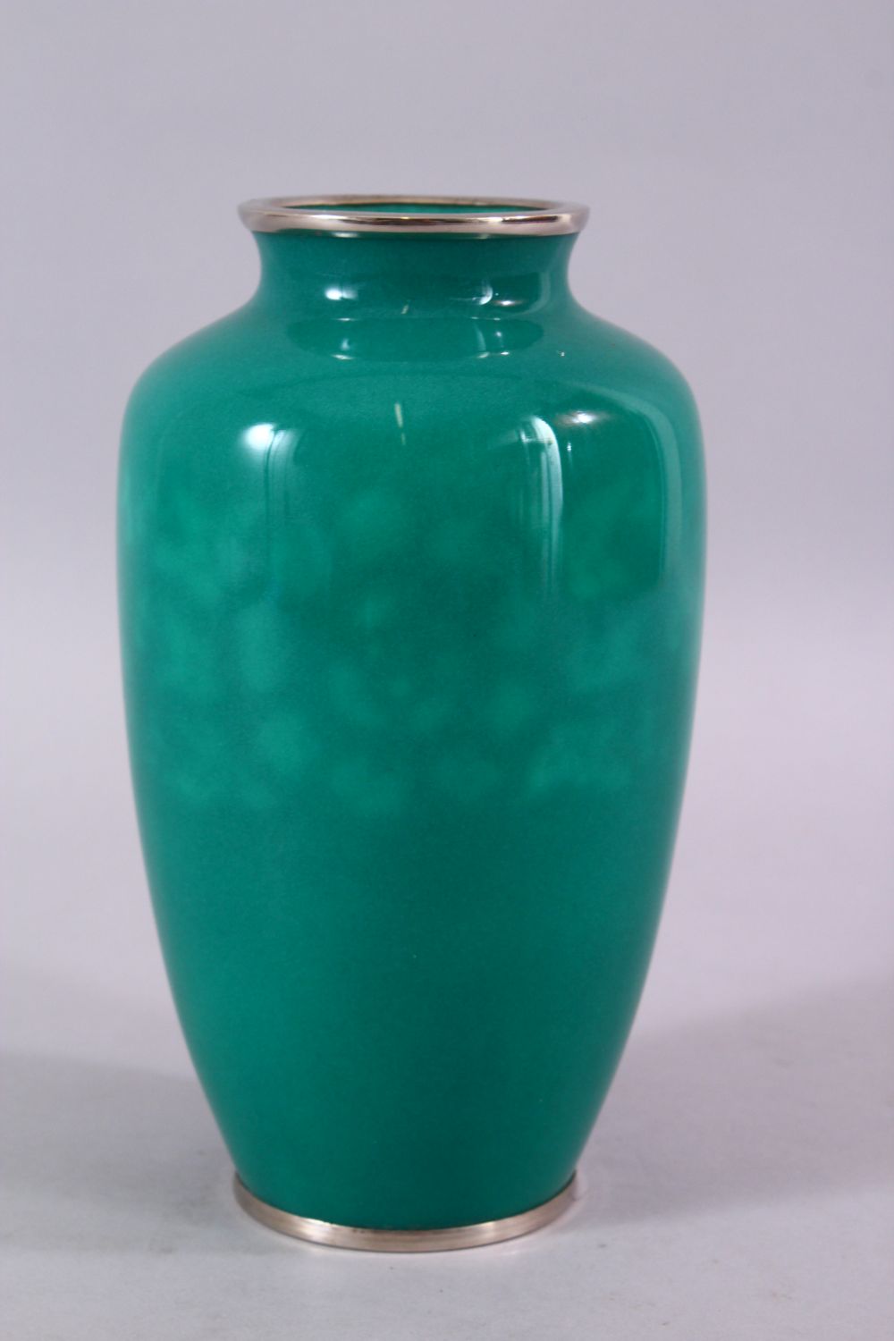 A JAPANESE TAISHO PERIOD CLOISONNE VASE, with a turquoise ground with plated mounts, with softly - Image 3 of 6